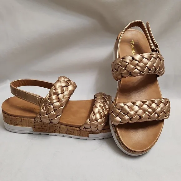 Tahari Gold Open Toe Rope Velcro Closure Cork Heel Summer sandals (girls size 3)